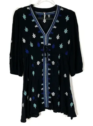 Free People Black Star Gazer Embroidered Blue Tunic Mini Dress Womens Small thumbnail 1