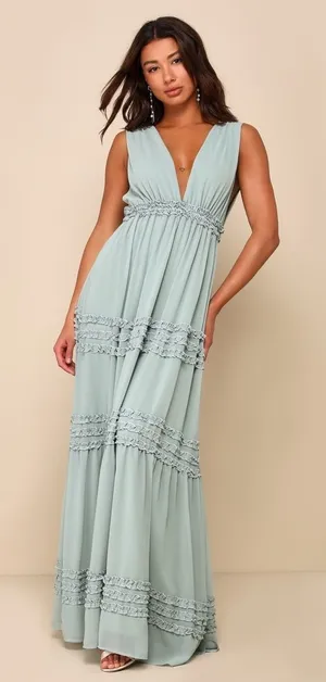 NWT Lulus Adoring Effect Sage Brush Chiffon Tiered Ruffled Maxi Dress Wedding XS thumbnail 1