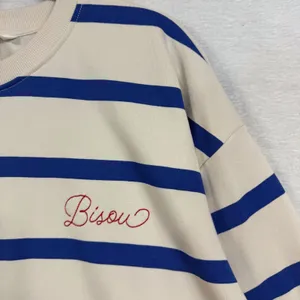 NWT H&M L Blue White Striped Bisou Embroidered Sweatshirt Pullover Preppy Casual thumbnail 2