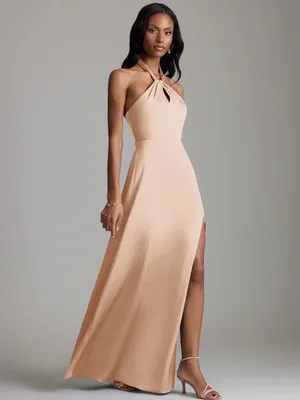 Azazie Tracie Maxi Dress English Rose A-Line Side Slit Stretch Satin Dress Sz 16 thumbnail 5