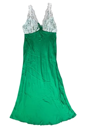 Free People FP Women’s Countryside White Green Satin Maxi Slip Dress Size Large thumbnail 1