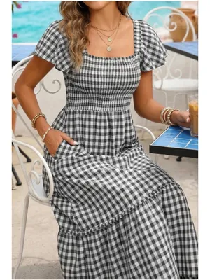 NEW Plaid Cotton 100% Cotton Smocked Square Neck Midi Lined Dress XL thumbnail 6