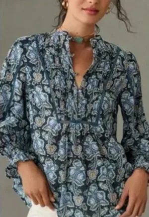 Anthropologie Floral Cotton Peasant Blouse Small Blue/Green thumbnail 1