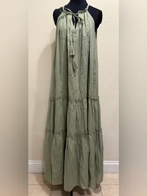 Zara Tiered Maxi Dress Halter Tassel Open Back Boho Resort Vacation XS Sage thumbnail 2