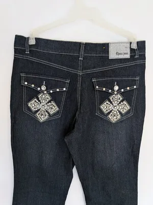NWT Womens 12 Dark Wash Stretch Bootcut Jeans Y2K Bling Rhinestone Cross Pockets thumbnail 5