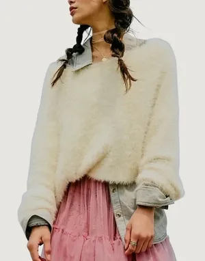 Free People FP One Ivory Fuzzy Knit Cropped Sweater Cozy Oversized Soft thumbnail 1