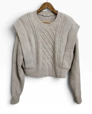 Babaton Aritzia Seek Cable Knit sweater Beige oatmeal Cropped Small thumbnail 1