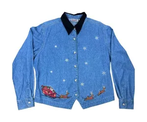 Vintage Bill Blass‎ Holiday Denim Shirt Santa Embroidery Black Velvet Collar XL thumbnail 1