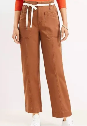LOFT Paperbag Utility High Rise Straight Leg Cotton Twill Belted Pants Brown thumbnail 1