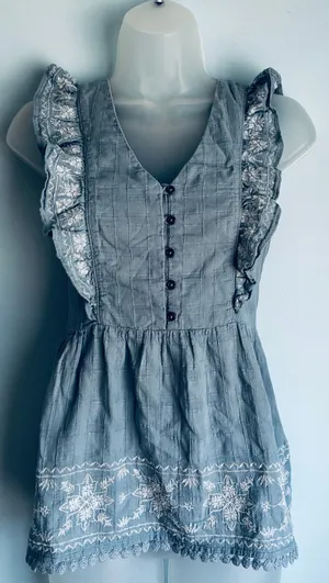Denim Ruffle Embroidered Summer Tank Top Boho Festival Westerns Women's Large thumbnail 1