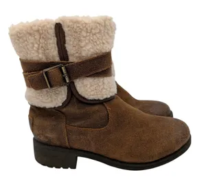 UGG Blayre III Brown Suede Shearling Buckle Mid Calf Boots Womens 7 7.5 Lug Sole thumbnail 1