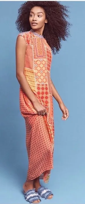 Tanvi Kedia Anthropologie Patchwork Beaded Maxi Dress Orange Red Size M AS IS thumbnail 1