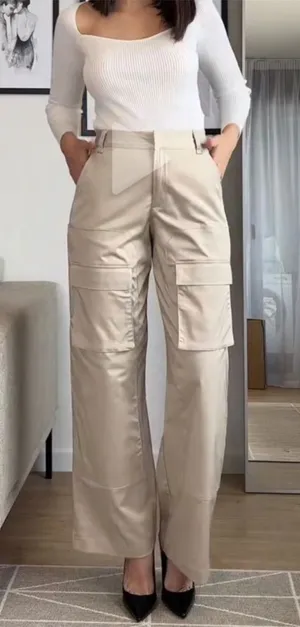 ZARA Wide Leg NWOT Cargo Pants Beige Satin Utility Pockets Women Size XS thumbnail 1