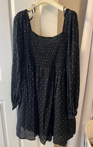 Motherhood Maternity Black Smocked Mini Dress with Gold Dot Accent thumbnail 1
