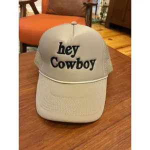 Hey Cowboy Trucker Hat Beige Embroidered Western Cowgirl Mesh Snapback thumbnail 4