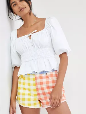 NWT FARM Rio x Anthropologie Gingham Patchwork Shorts L thumbnail 2