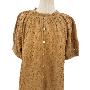 Cleobella Kate Organic Cotton Eyelet Puff Sleeve Blouse Wheat Brown Size Large thumbnail 4
