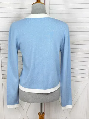 Emerson Lang Cardigan Sweater Button Front Contrast Trim Blue White Medium thumbnail 4
