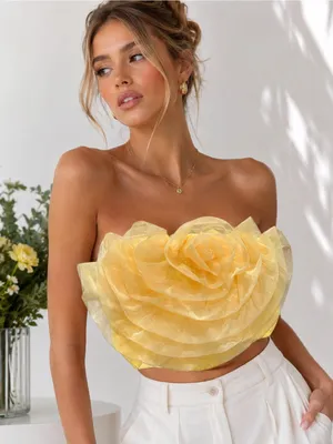 Boutique Yellow 3D Floral Organza Bandeau Crop Top NWOT Size M thumbnail 4