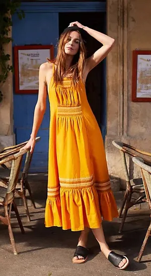 Free People Another Love Smocked Linen Cotton Blend Yellow Midi Dress thumbnail 1