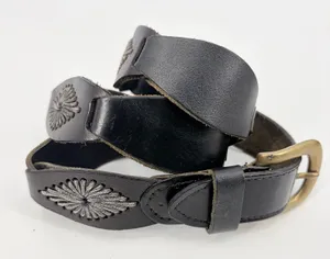 Boho Black Leather Embroidered Concho Womens Belt Sz Small Brass Buckle Western thumbnail 1