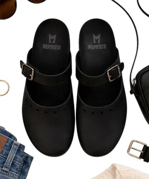 Mephisto Black Leather Mary Jane Comfort Clogs EU 39 US 8.5 9 Adjustable in EUC thumbnail 1