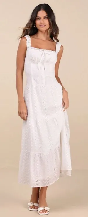 NWT Lulus Nerissa White Eyelet Embroidered Ruffle Drop Waist Midi Dress Tiered M thumbnail 1