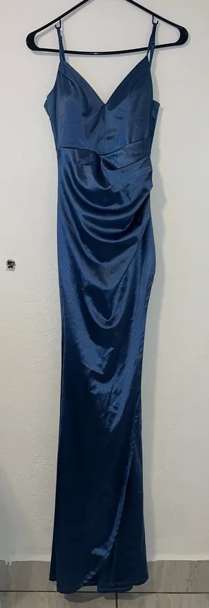 Emerald Sunday navy blue satin maxi elegant dress thumbnail 1