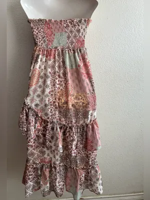 Life Boho Patchwork Ruffle Convertible Dress/Skirt Blush Multi L Pink Size L thumbnail 3