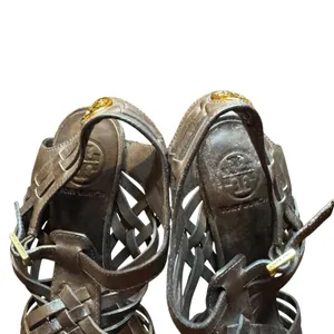 Tory Burch Shoes Womens Size 7.5M‎ Brown Leather Woven High Heel Sandals Strappy thumbnail 4