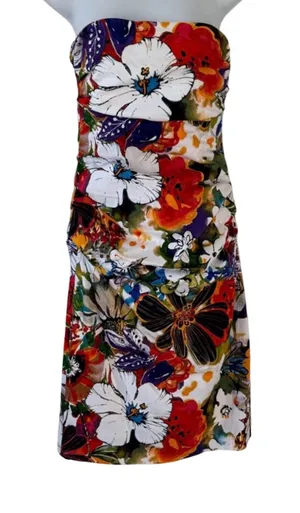 Suzi Chin Orange Green White Floral Ruched Strapless Bodycon Mini Dress Size 8 thumbnail 1