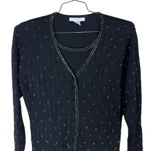Claudia D Womens Black Beaded Ribbed Cardigan Top Vintage L thumbnail 2