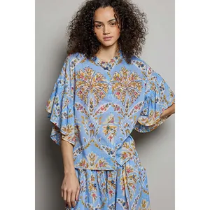 POL Floral Printed Woven Ruffle Sleeve Shirt - Large thumbnail 2