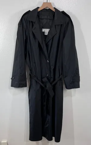 Vtg.80s‎ Maggie Lawrence Black Nylon Trench Coat Rubberized Raincoat Belted Long thumbnail 1