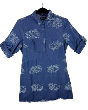 Nina Leonard Floral Embroidered Cuffed‎ Sleeve Half Button Up Cotton Dress Sz 14 thumbnail 1