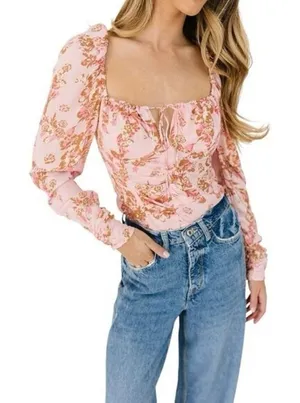 Free People Floral Crop Top M Pink Combo Smocked Puff Sleeve OB1569574 thumbnail 1