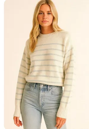 Brandi Melville Crew Neck Cotton Cream Blue Striped Cable Knit Sweater Preppy thumbnail 1