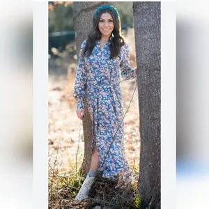 Haute Hippie‎ NWOT Long Sleeve Blue Floral Buttoned Midi Dress Size Small thumbnail 6