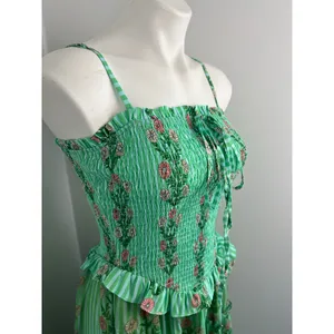 Women's Green Sheer Floral Ruched Tiered Ruffle Garden Party Whimsical Dress thumbnail 2