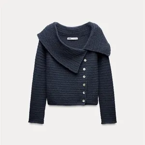 Zara Navy Blue Off-the-Shoulder Crochet Sweater thumbnail 3
