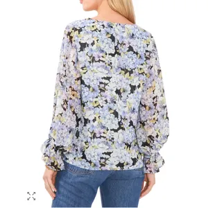Vince Camuto Floral V-Neck Chiffon Blouse M NWOT Blue Purple Print‎ Whimsical thumbnail 2