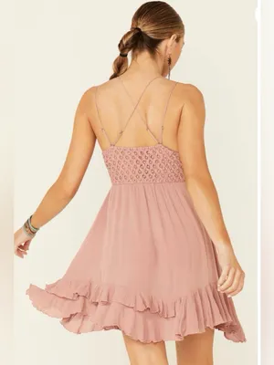 NWT Free People Adella Slip Lace short Dress Plunging Neckline Pink Rose ~ Small thumbnail 4