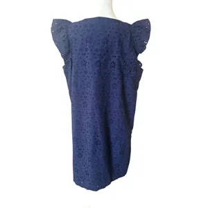 J.Crew Eyelet Shift Dress‎ Womens Size 16 Navy Blue Excellent Ruffle Tie-Neck thumbnail 3