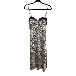 ASTR NWT The Label Leopard Print Lace Trim Midi Slip Dress Satin Size Medium thumbnail 2