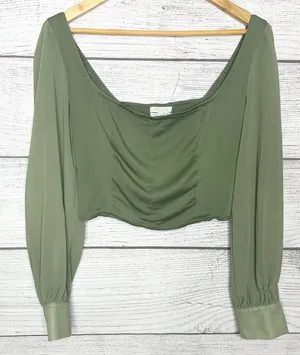Urban Outfitters Green Sheer Long Sleeve Peasant Crop Top Size Large Bridgerton thumbnail 1