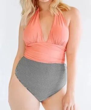 Cupshe Keeping You Accompanied Stripe One-Piece Halter Swimsuit Size M Coral‎ thumbnail 1