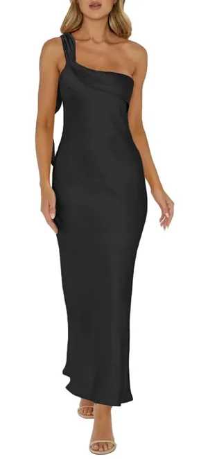 Black satin one shoulder dress thumbnail 1