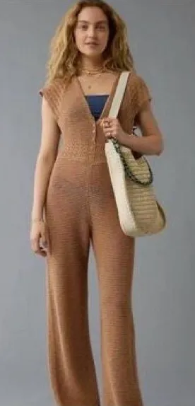 American Eagle Tan Crochet Knit Wide Leg Jumpsuit thumbnail 1