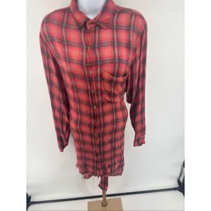 Free People FP One Grunge Mini Dress Long Sleeve Plaid Button Front Size L thumbnail 9