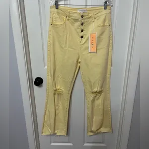 RISEN: PALE YELLOW‎ High Rise button fly distressed Ankle Straight Pant 32! thumbnail 3